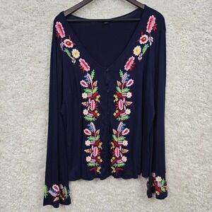 Boston Proper Womens Embroidered Flare Sleeve V Neck Top Size XL Boho Festival